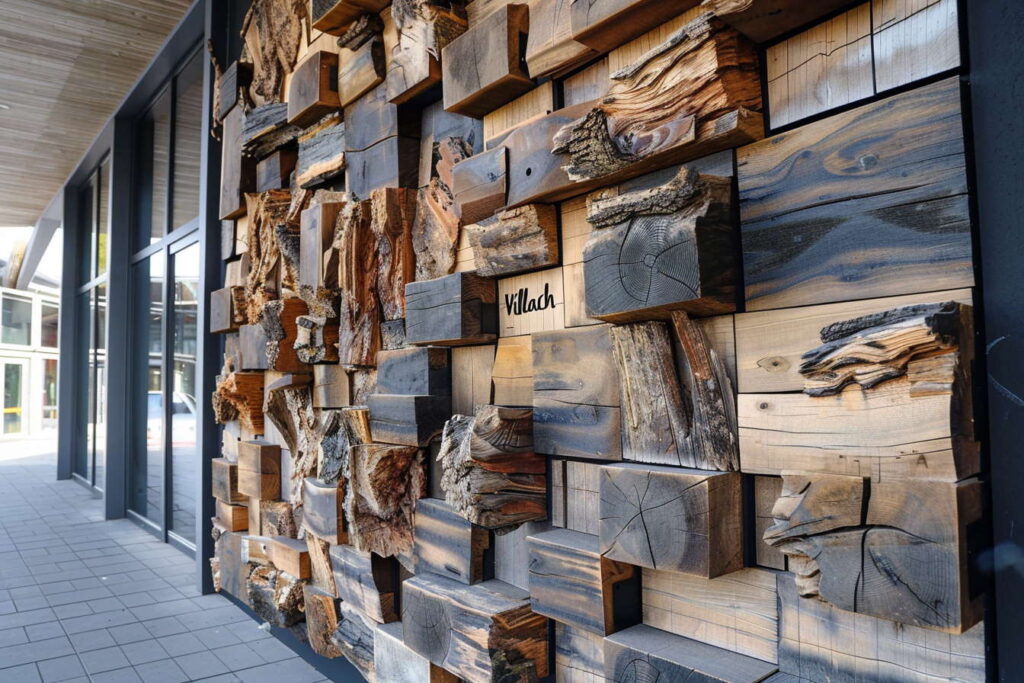 Detailansicht einer künstlerischen Holzfassade einer Rechtsanwaltskanzlei in Villach, Österreich.